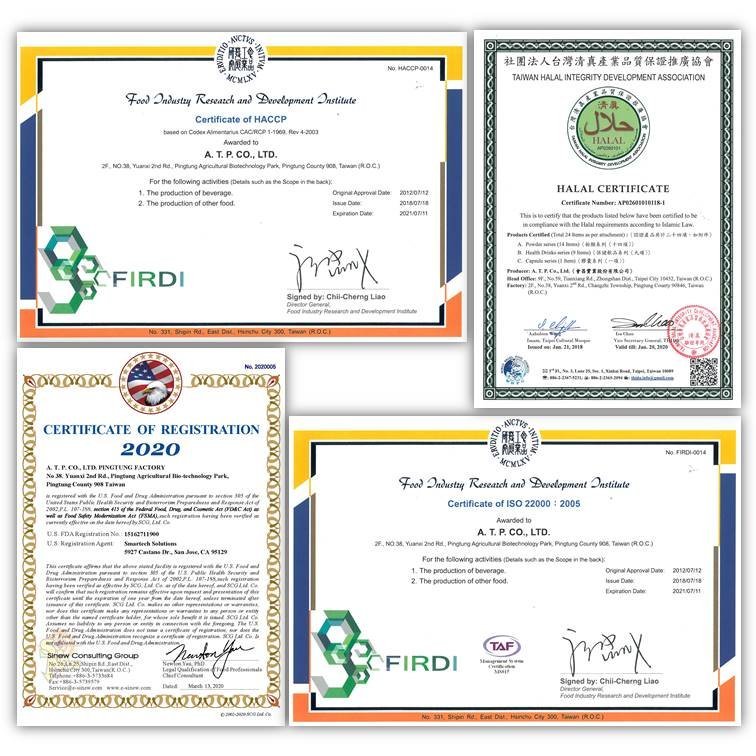 ATP-Bio holds various quality certifications, including FDA, ISO22000, HACCP, and HALAL. ATP-Bio holds various quality certifications, including FDA, ISO22000, HACCP, and HALAL.